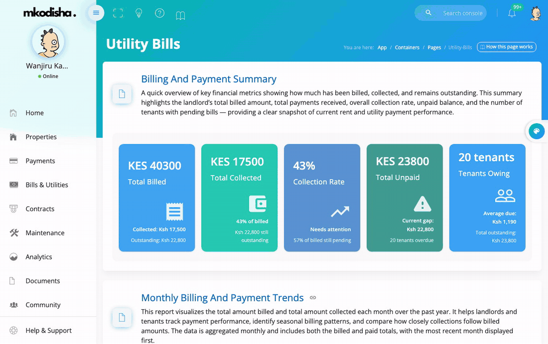 Billing Brian Kiprotich for 9 units of water at KES 150