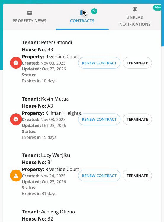 The Contracts tab on the home page, counting down days, with Renew Contract