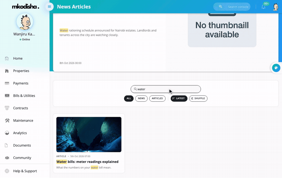 Opening "Water bills: meter readings explained" in the full-screen reader