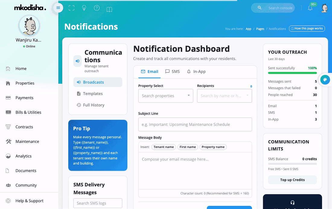 The Templates window with ready-made messages and saved drafts