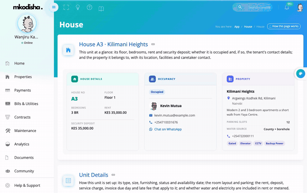 A house page: tenant, rent, deposit, meter numbers and invoice history