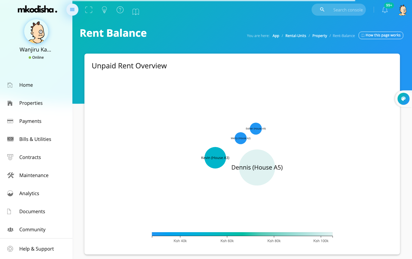 The rent balance page for a building