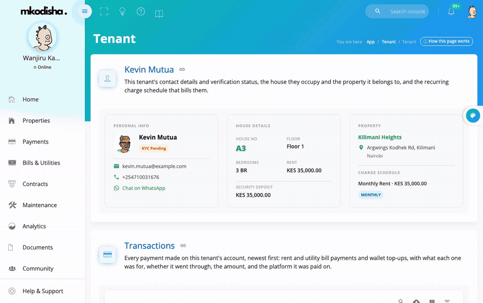 Scrolling through Kevin Mutua's profile: details, transactions, chart, invoices