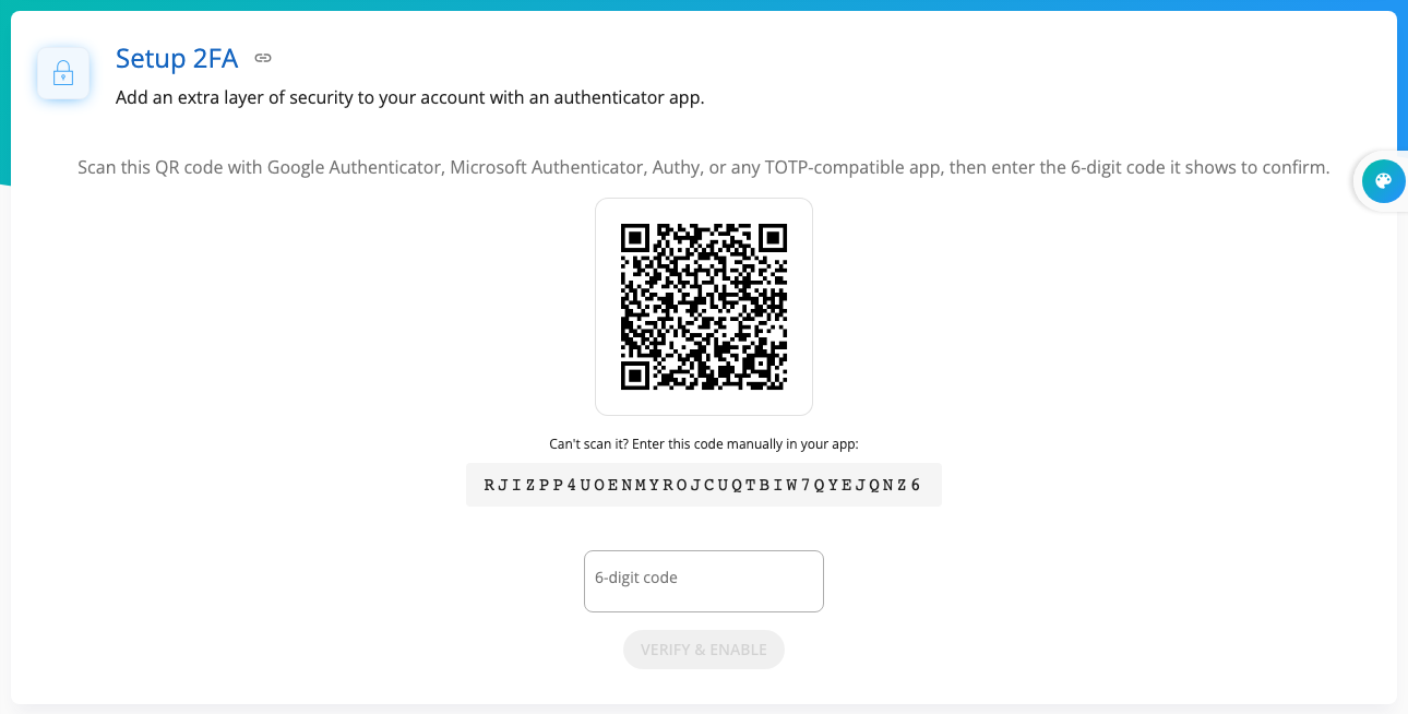 The Setup 2FA section on the profile page